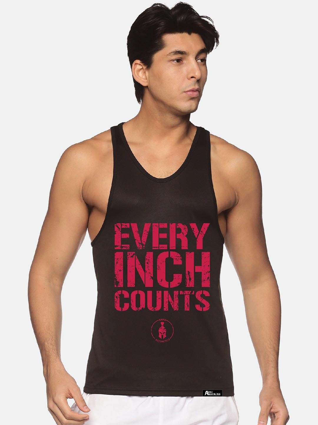 

Anax Aesthetics Men Polyester Dri-Fit Printed Sleeveless Sando Gym Vest Stringer Tank Top, Black