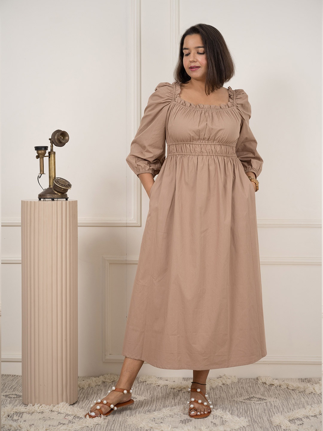 

Label Tanvee Puff Sleeve Fit & Flare Midi Dress, Brown