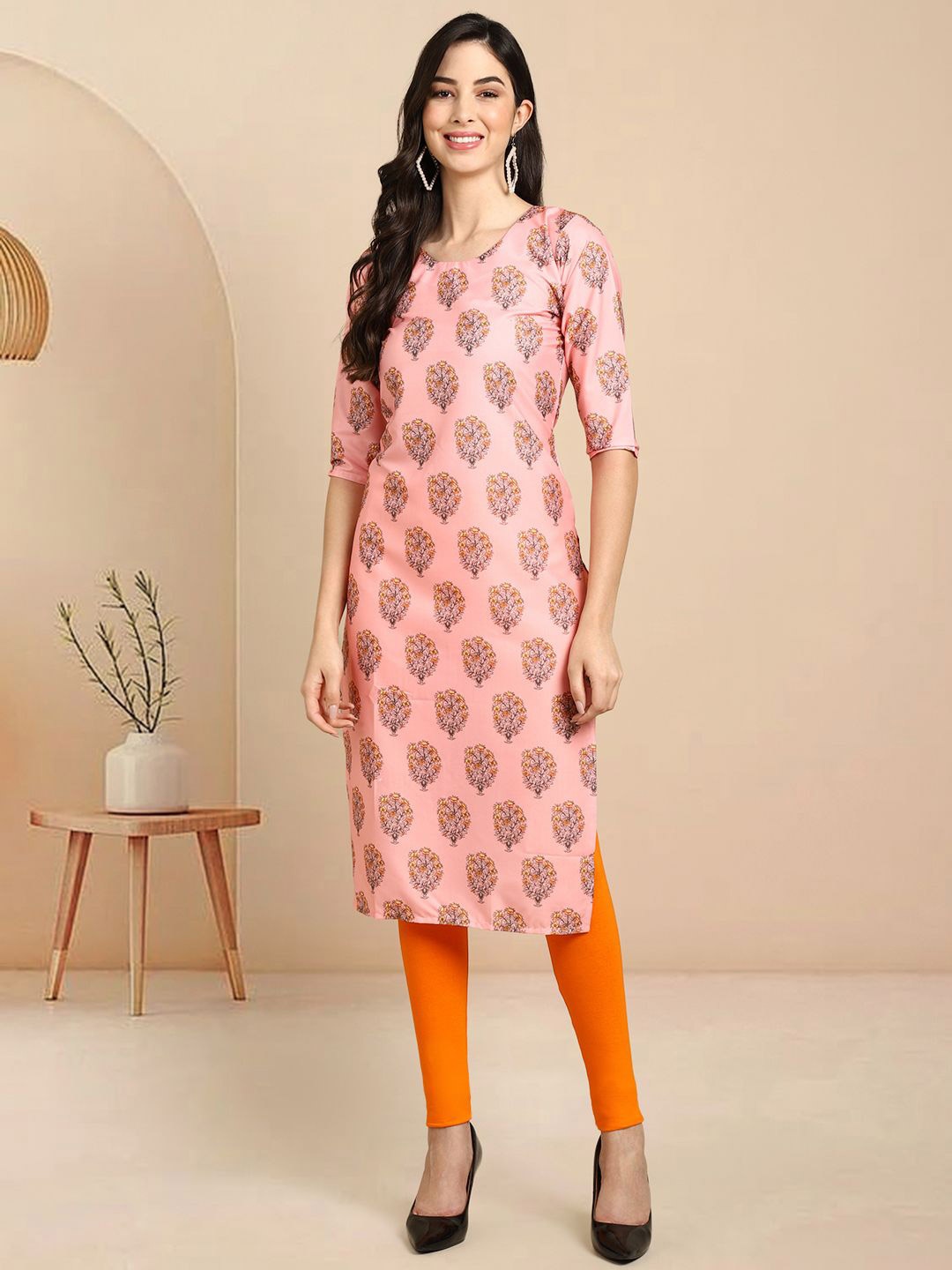 

Moda Rapido Floral Printed Round Neck Straight Kurtas, Pink