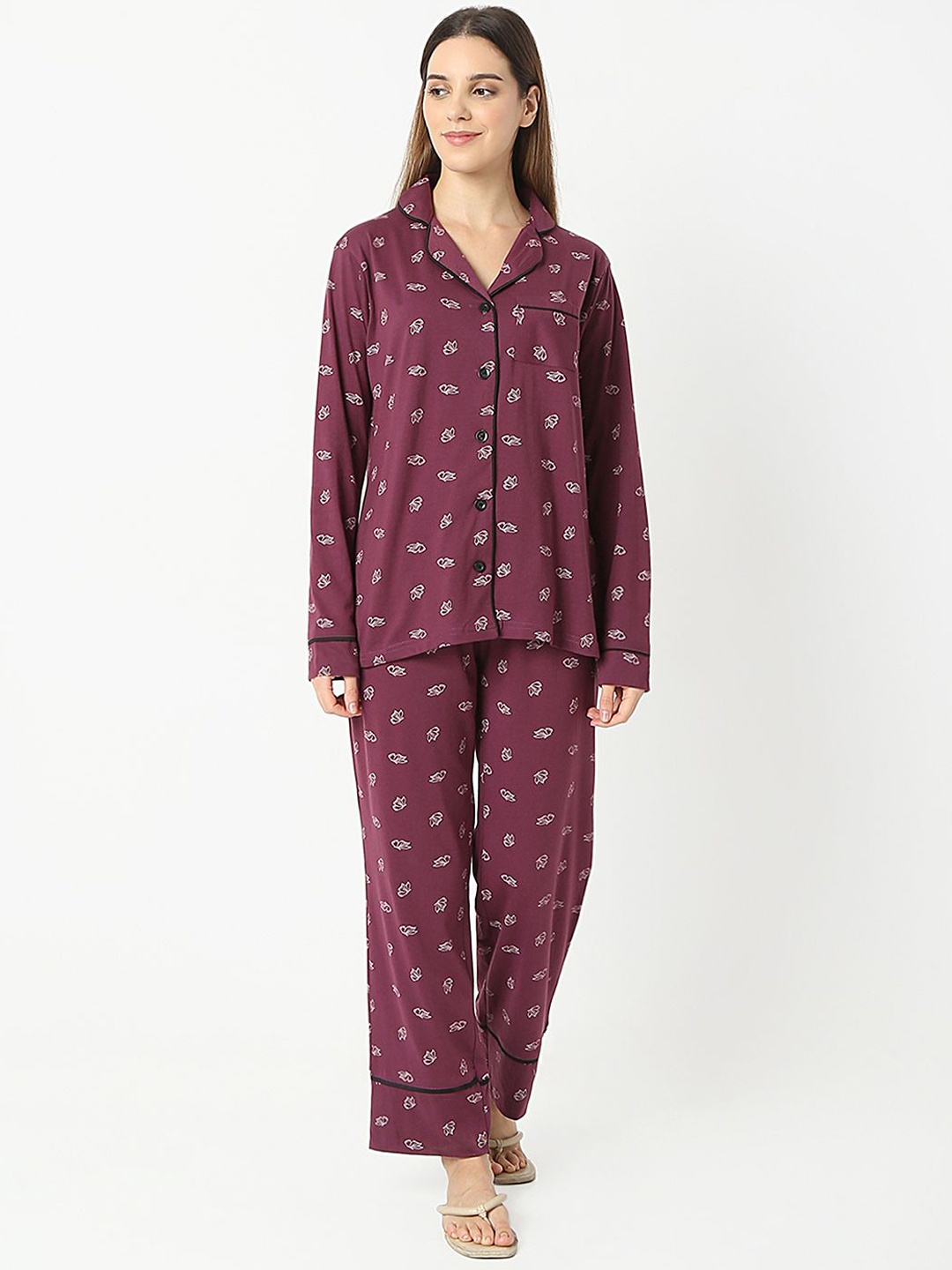 

Smarty Pants Women Printed Pure Cotton Night suit, Burgundy