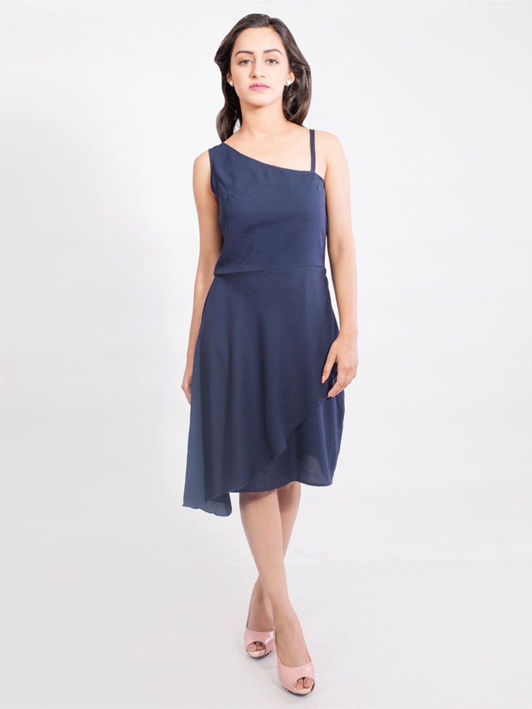 

DELIS Women One Shoulder Georgette Fit & Flare Dress, Blue