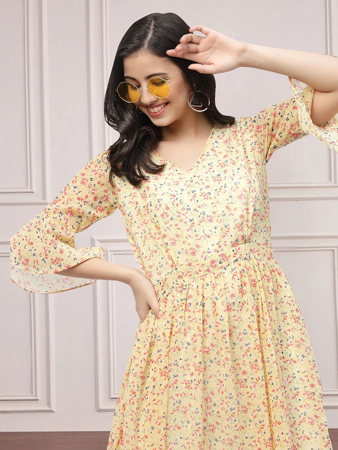 

MISS AYSE Floral Printed Tiered Cotton Fit & Flare Midi Dress, Yellow
