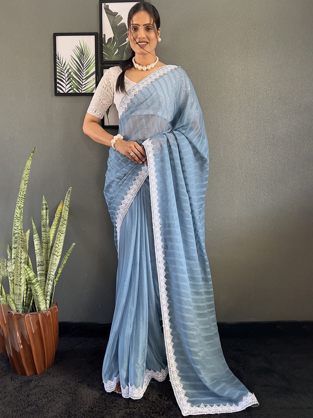 

JULEE Striped Pure Chiffon Ready to Wear Saree, Turquoise blue