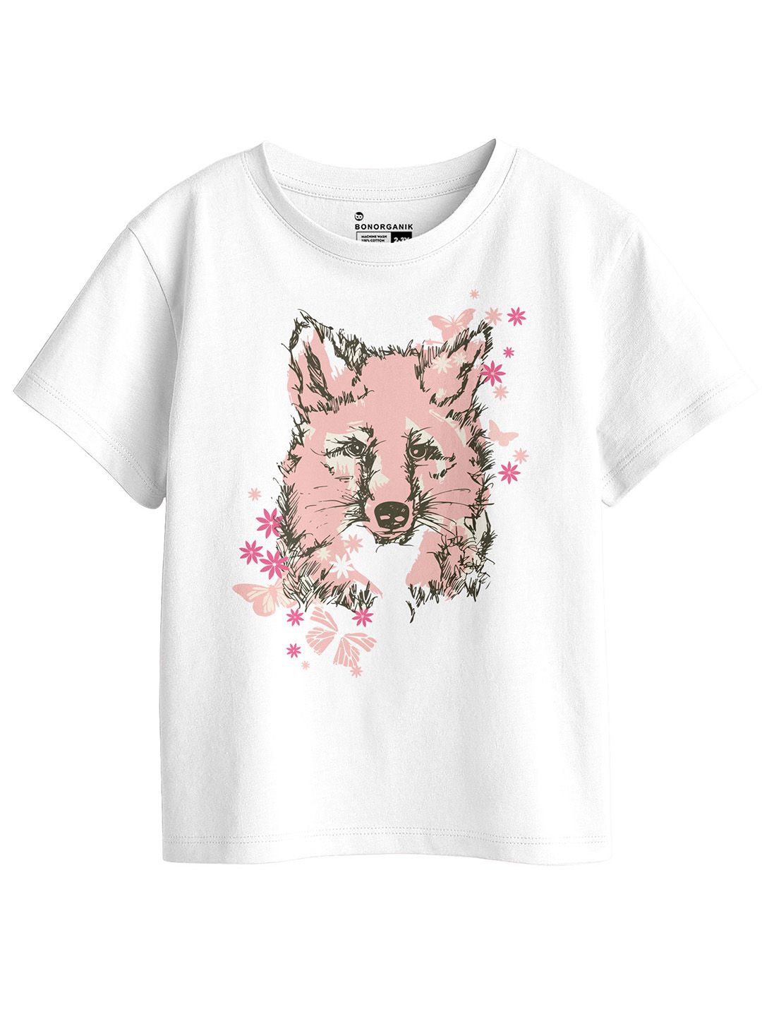 

BonOrganik Girls Printed Extended Sleeves Pure Cotton T-shirt, White