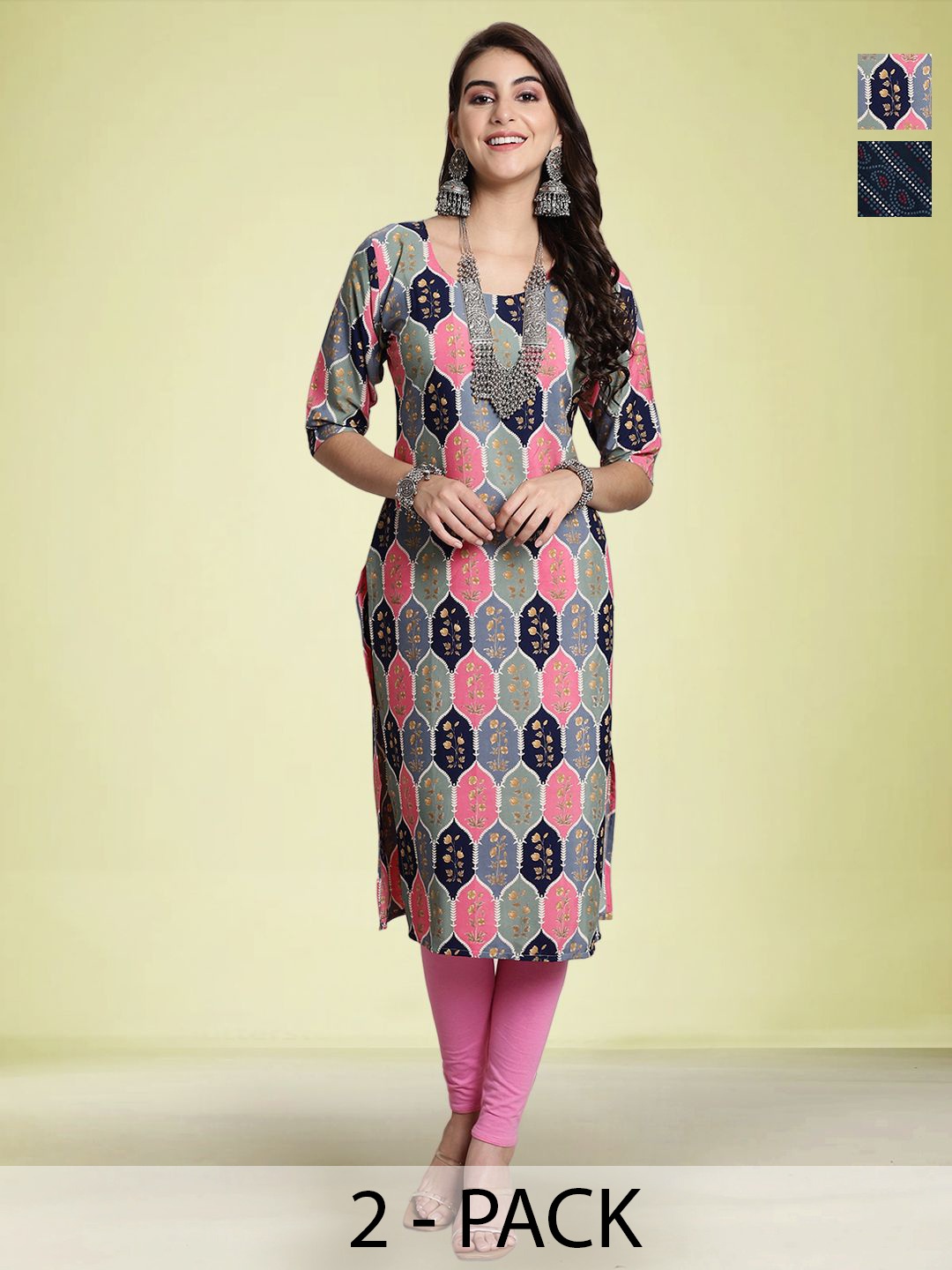 

Moda Rapido Selection of 2 Ethnic Motifs Printed Round Neck Kurta, Pink