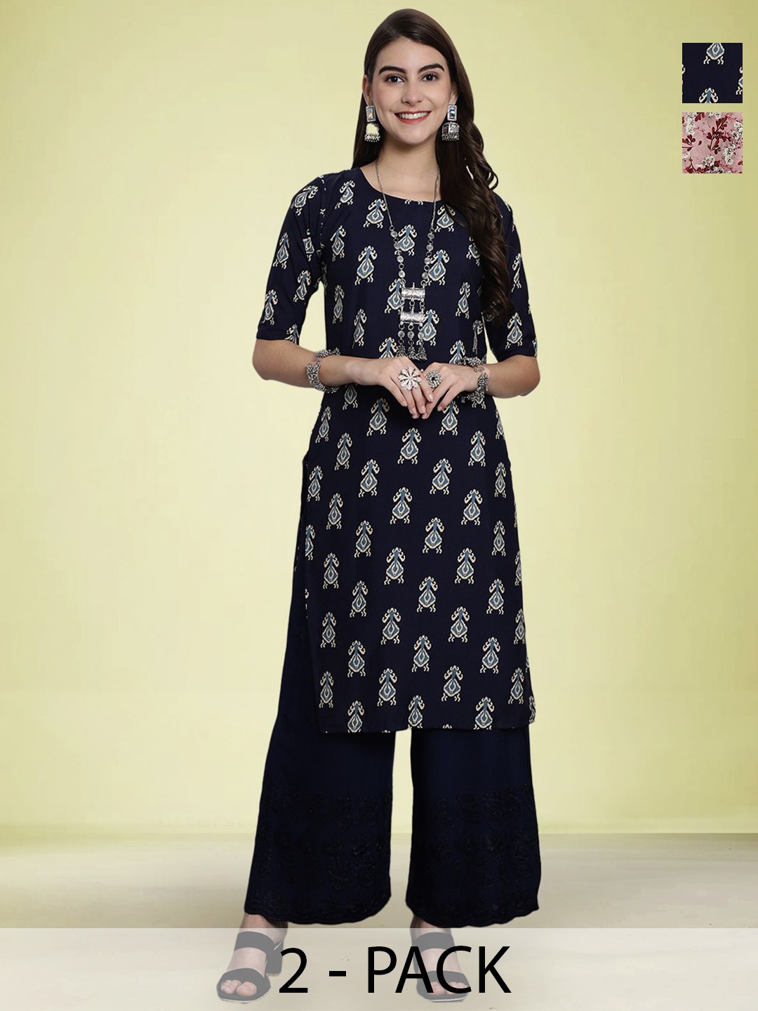 

Moda Rapido Selection Of 2 Ethnic Motifs Printed Round Neck Straight Kurta, Black