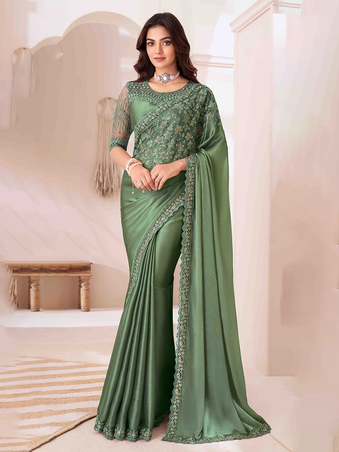 

Blissta Floral Beads and Stones Pure Georgette Saree, Green