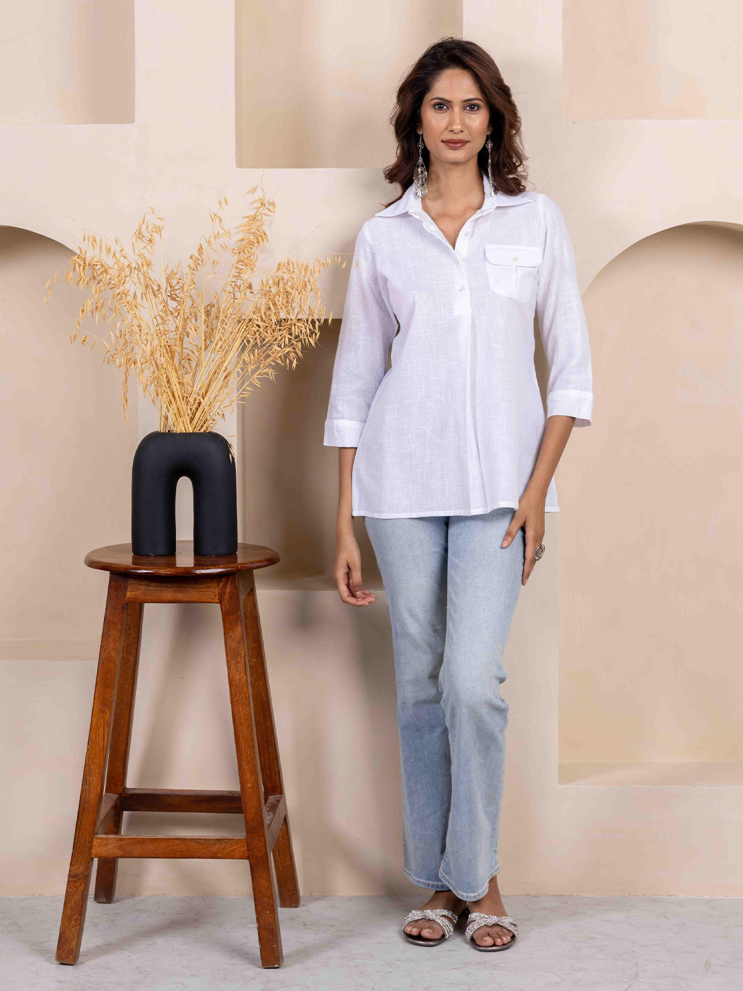 

INAAYA JAIPUR Roll-Up Sleeves Cotton Top, White