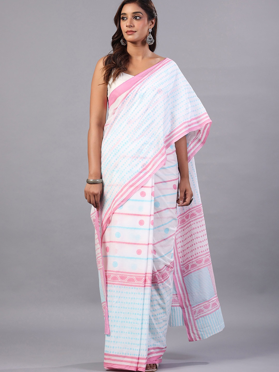 

Moora Striped Pure Cotton Saree, White