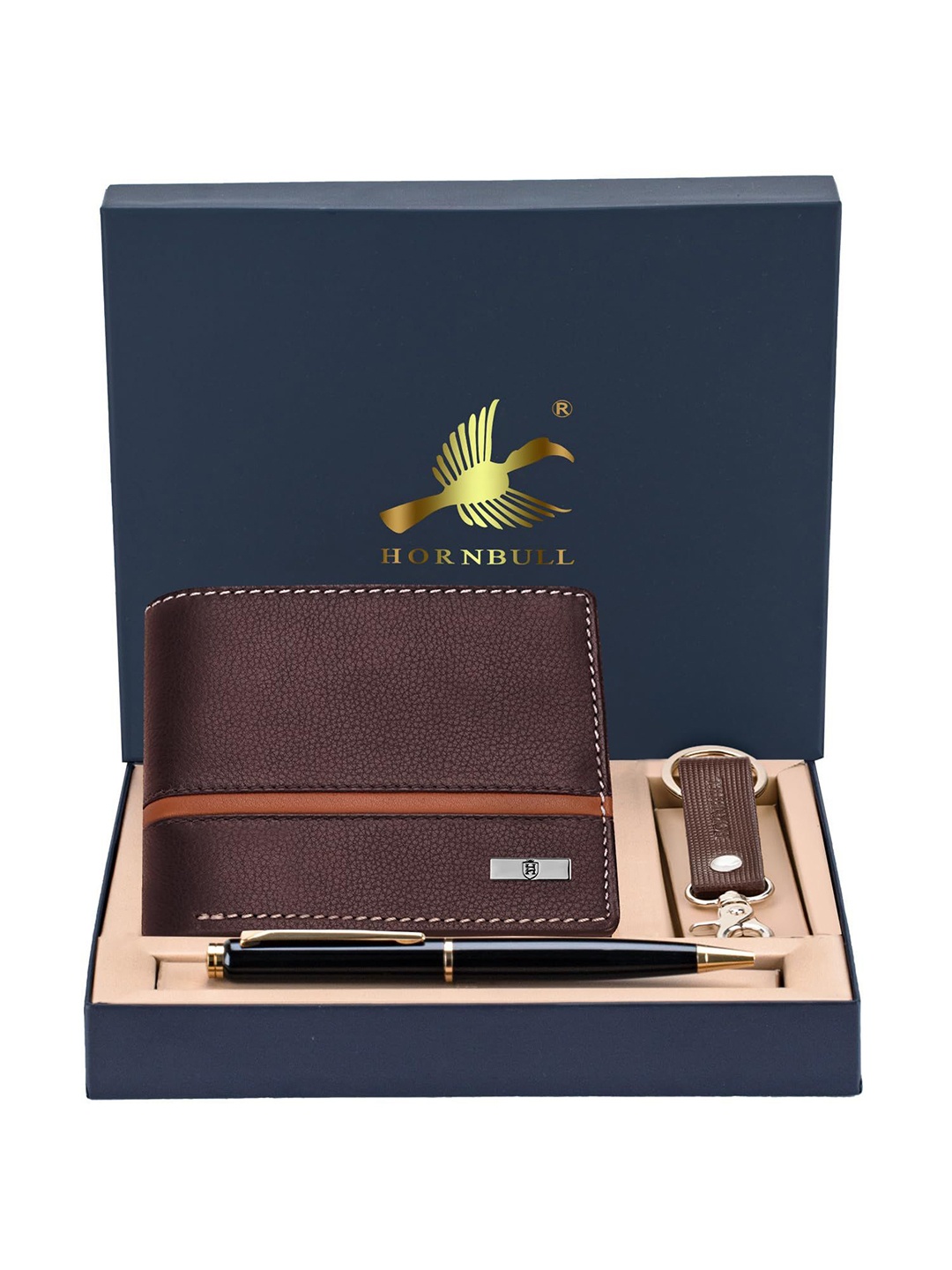 

Hornbull Men Denial Brown Leather Wallet, Keyring & Pen Combo Accessory Gift Set