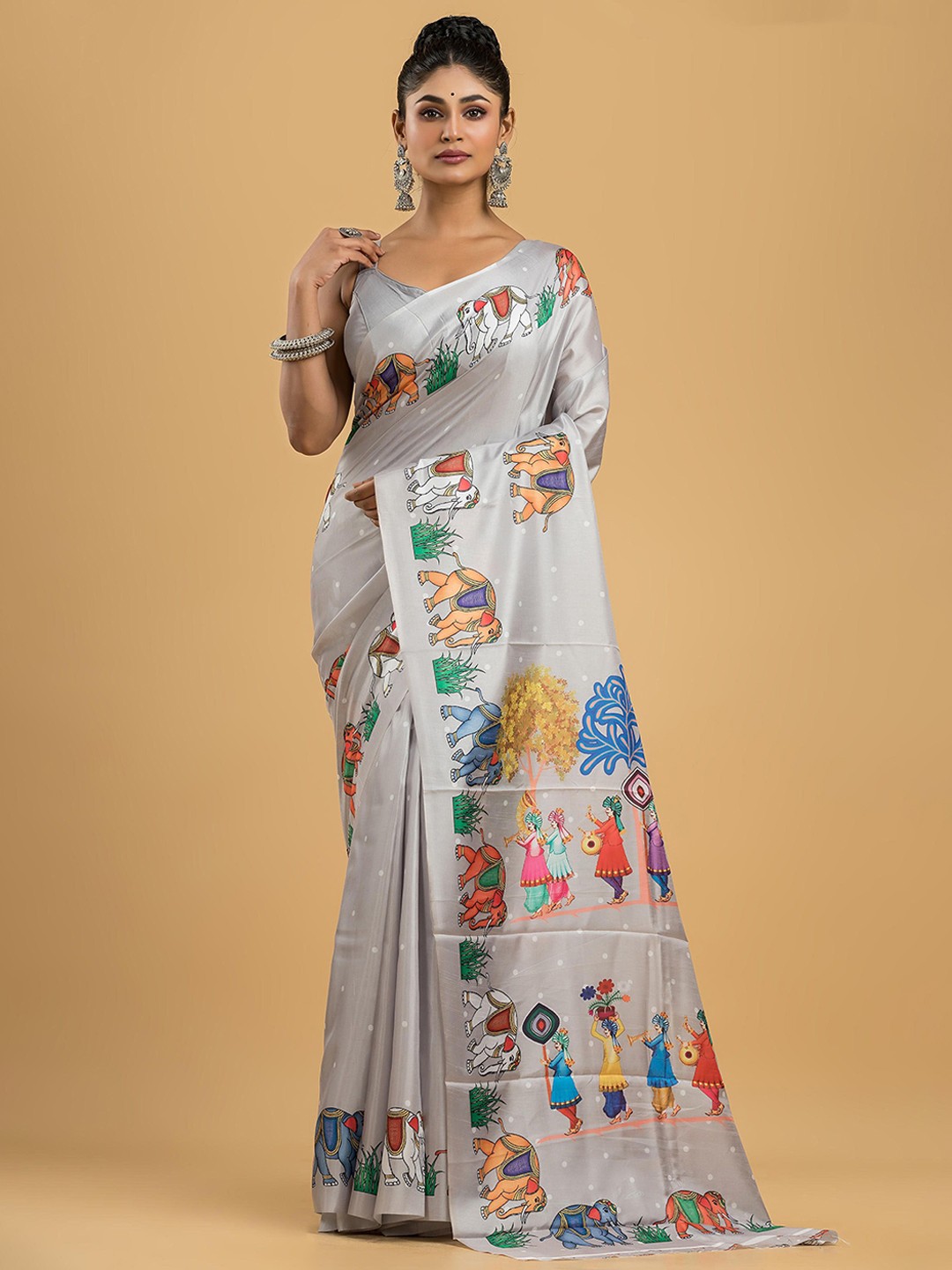 

Dheu Ethnic Motifs Block Printed Saree, Grey
