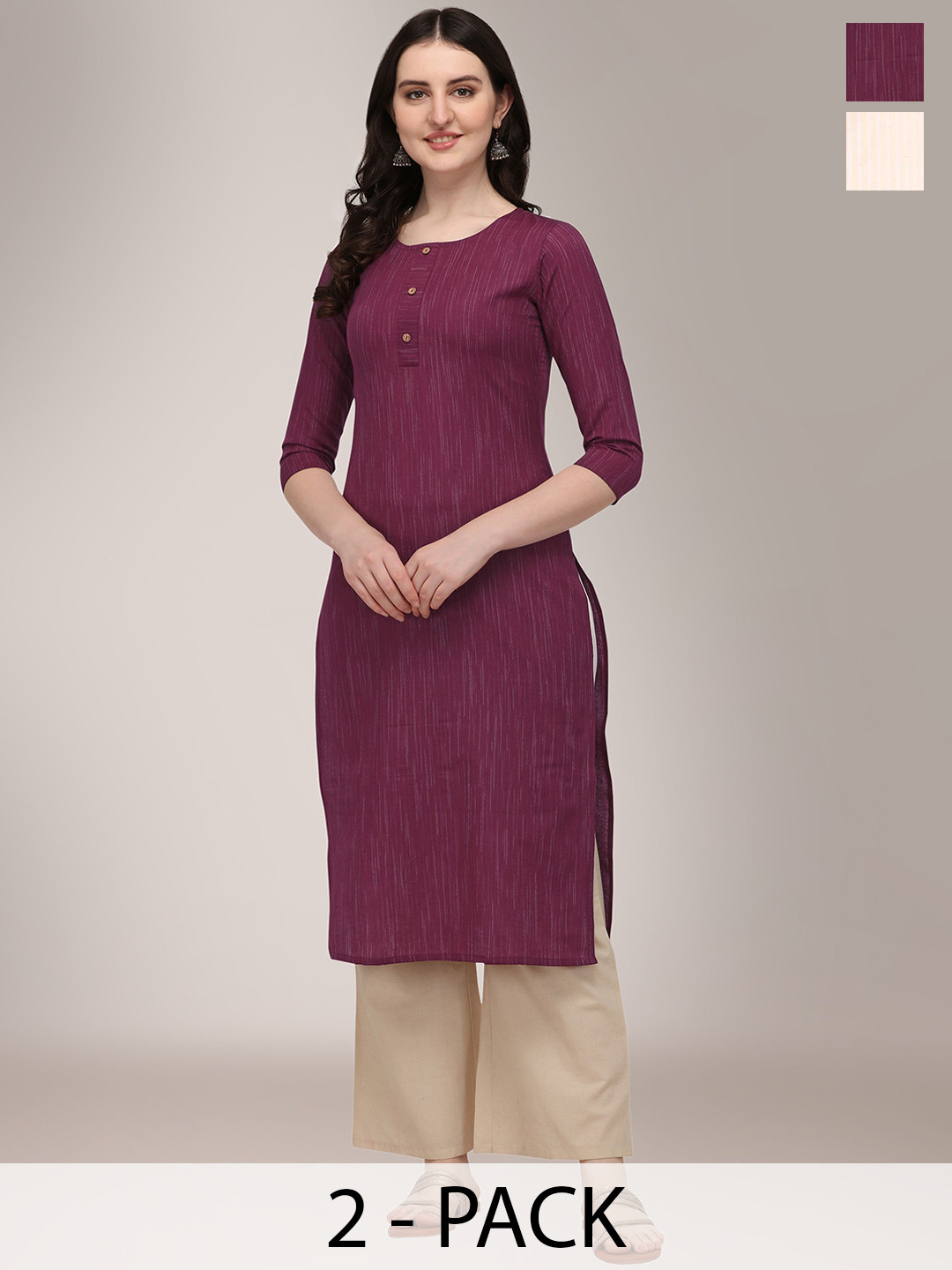 

KALINI Selection Of 2 Round Neck Cotton Straight Kurtas, Maroon