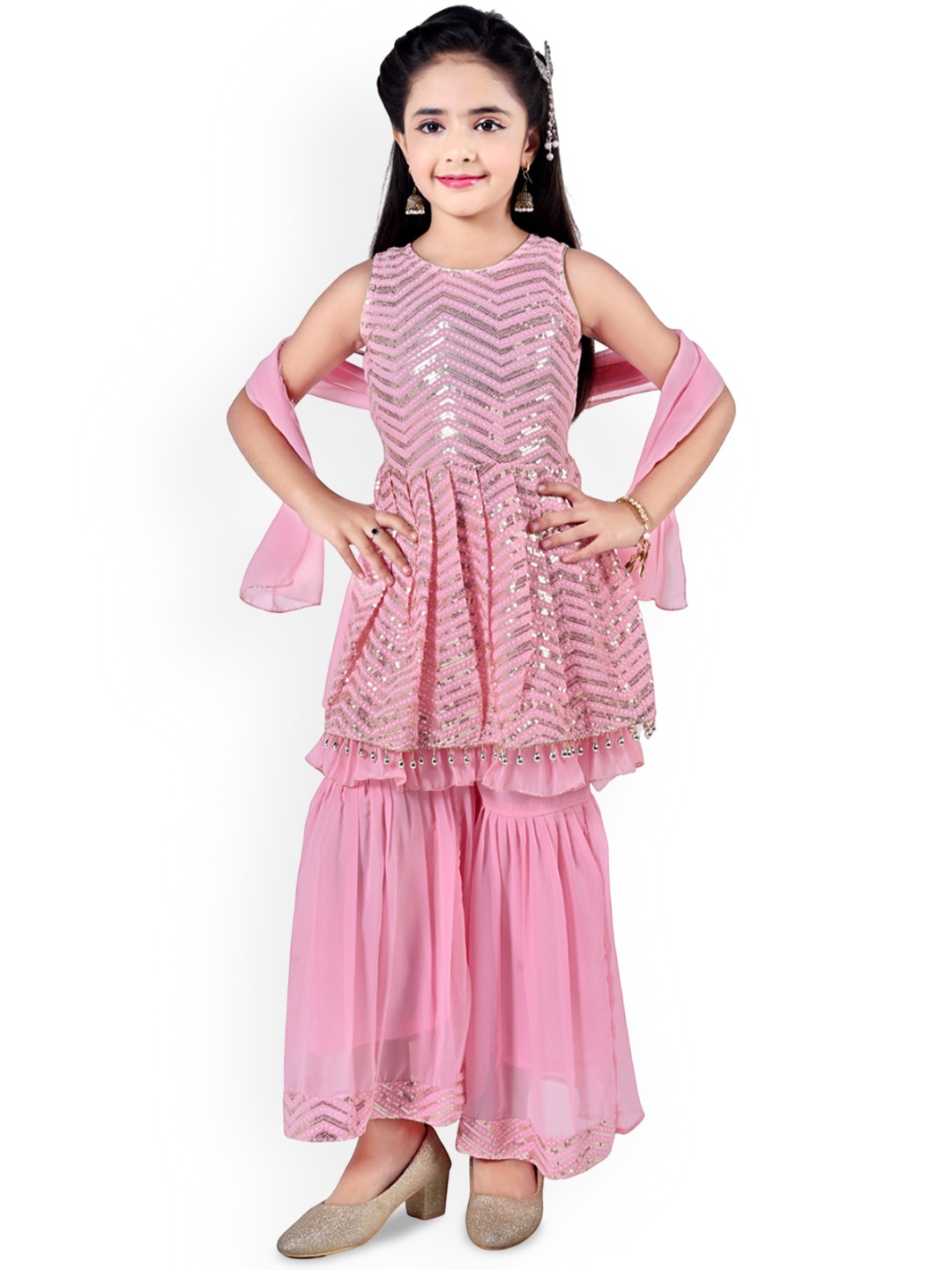 

Arshia Fashions Girls Geometric Sequinned Georgette Anarkali Kurta With Sharara & Dupatta, Pink