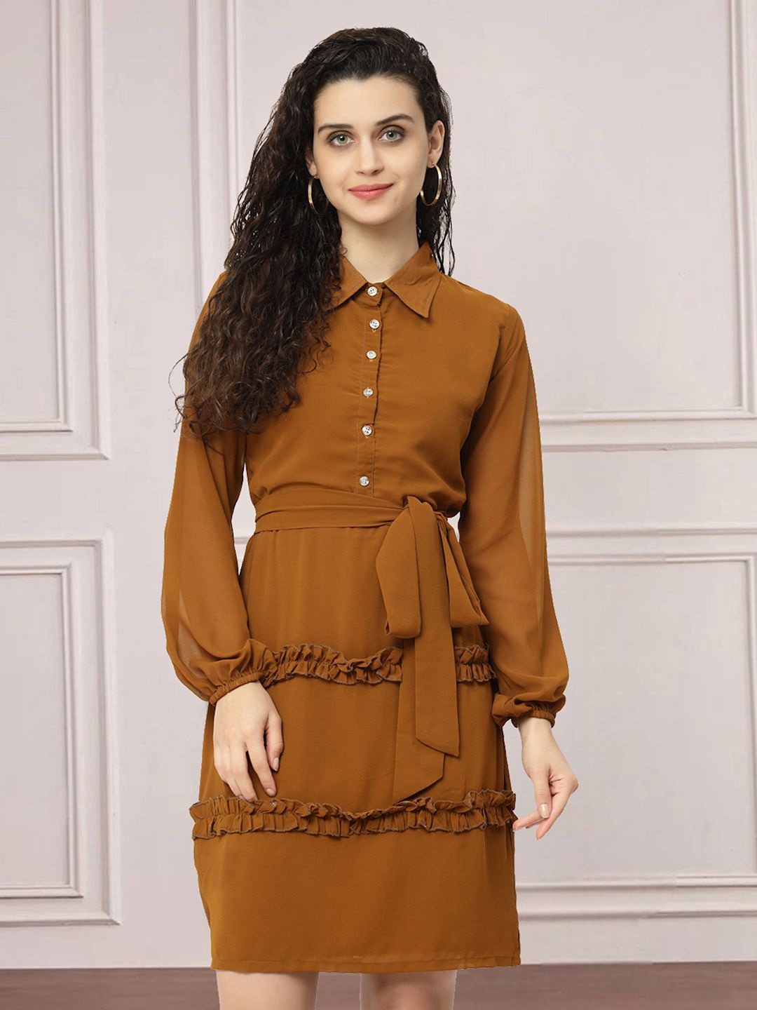

MISS AYSE Women Shirt Collar Ruffled A-line Dress, Brown