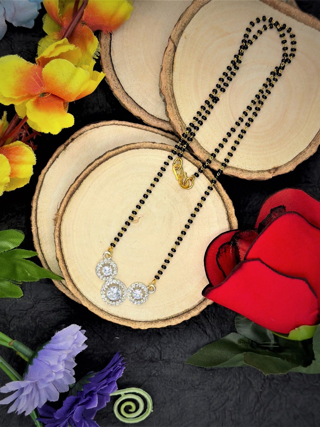 

AKLINA Rhodium-Plated Artificial Stones and Beads Mangalsutra, Black