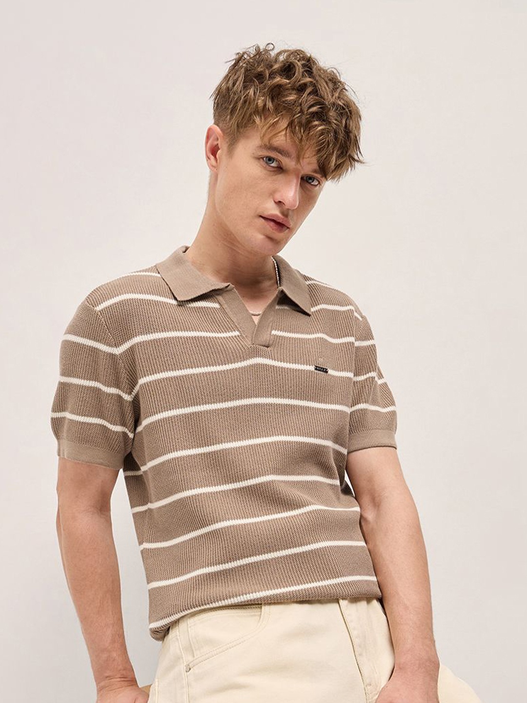 

THE BEAR HOUSE Men Striped Polo Collar Cotton Slim Fit T-shirt, Brown