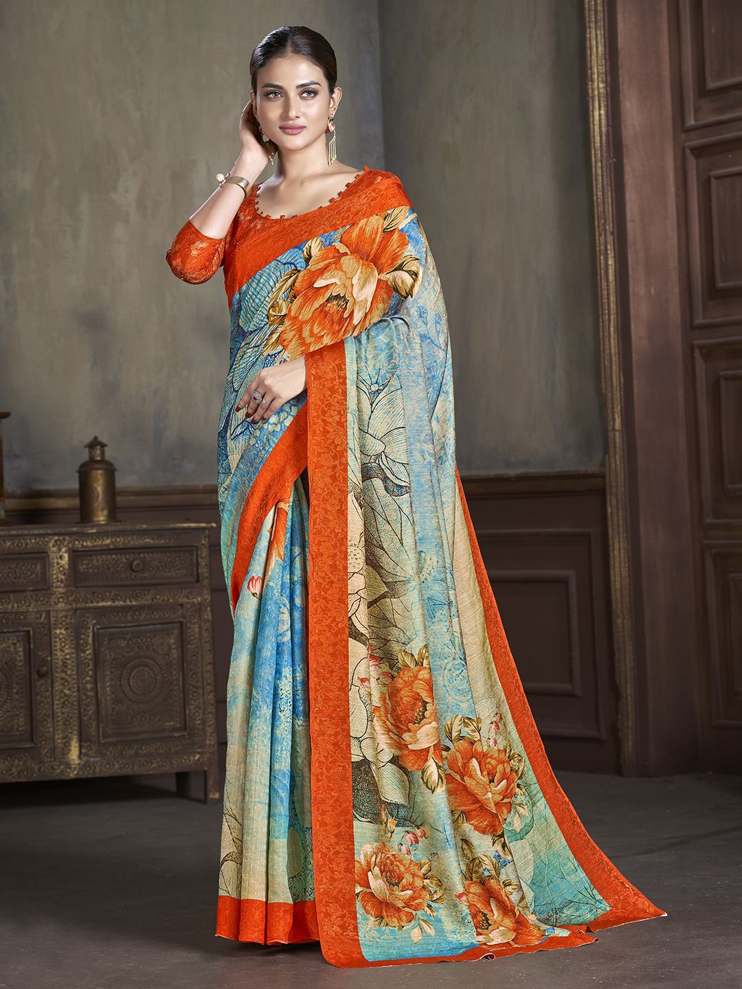 

Krimmple Floral Pure Silk Saree, Orange