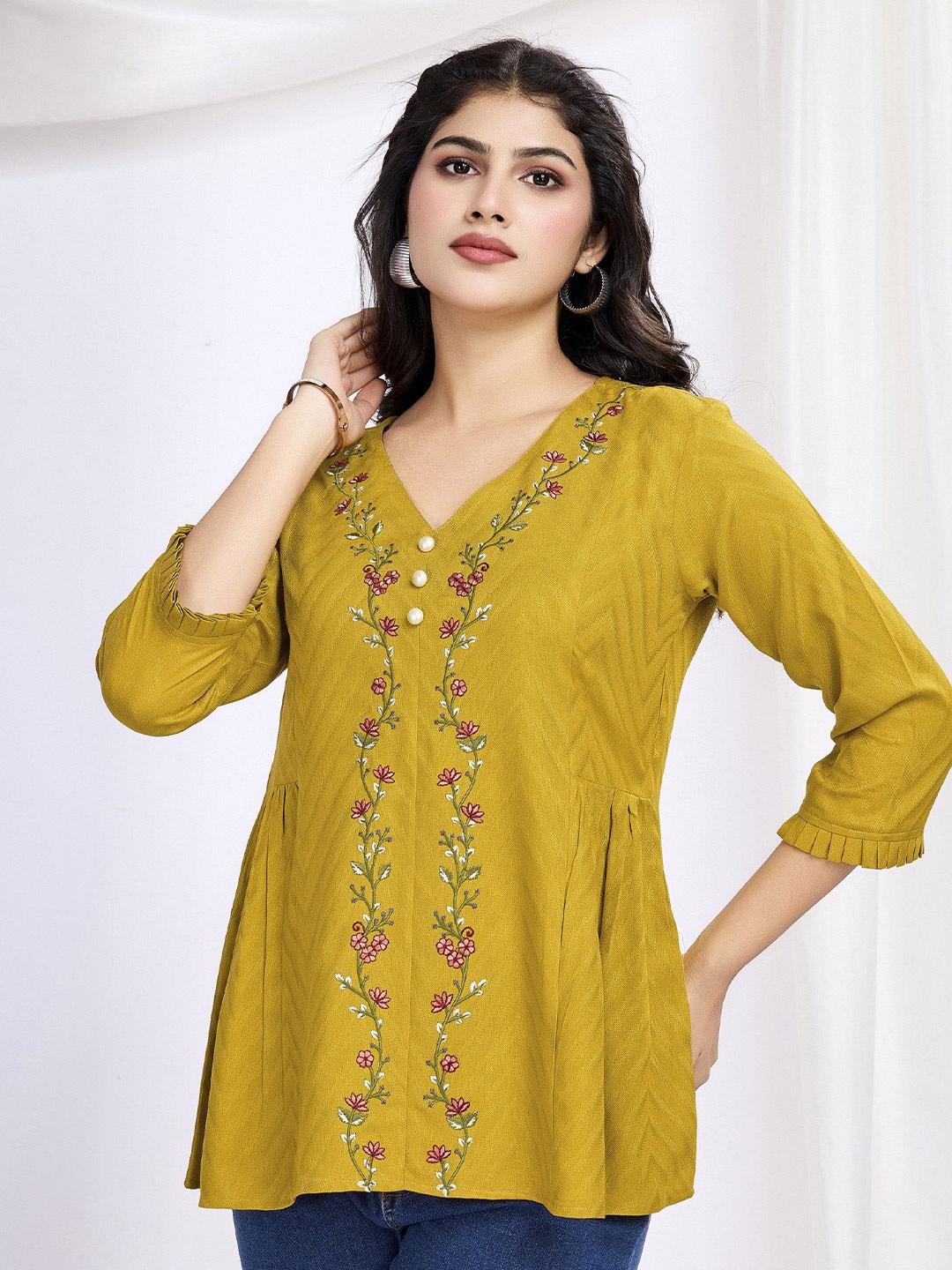 

MOJILAA Floral Embroidered Top, Mustard