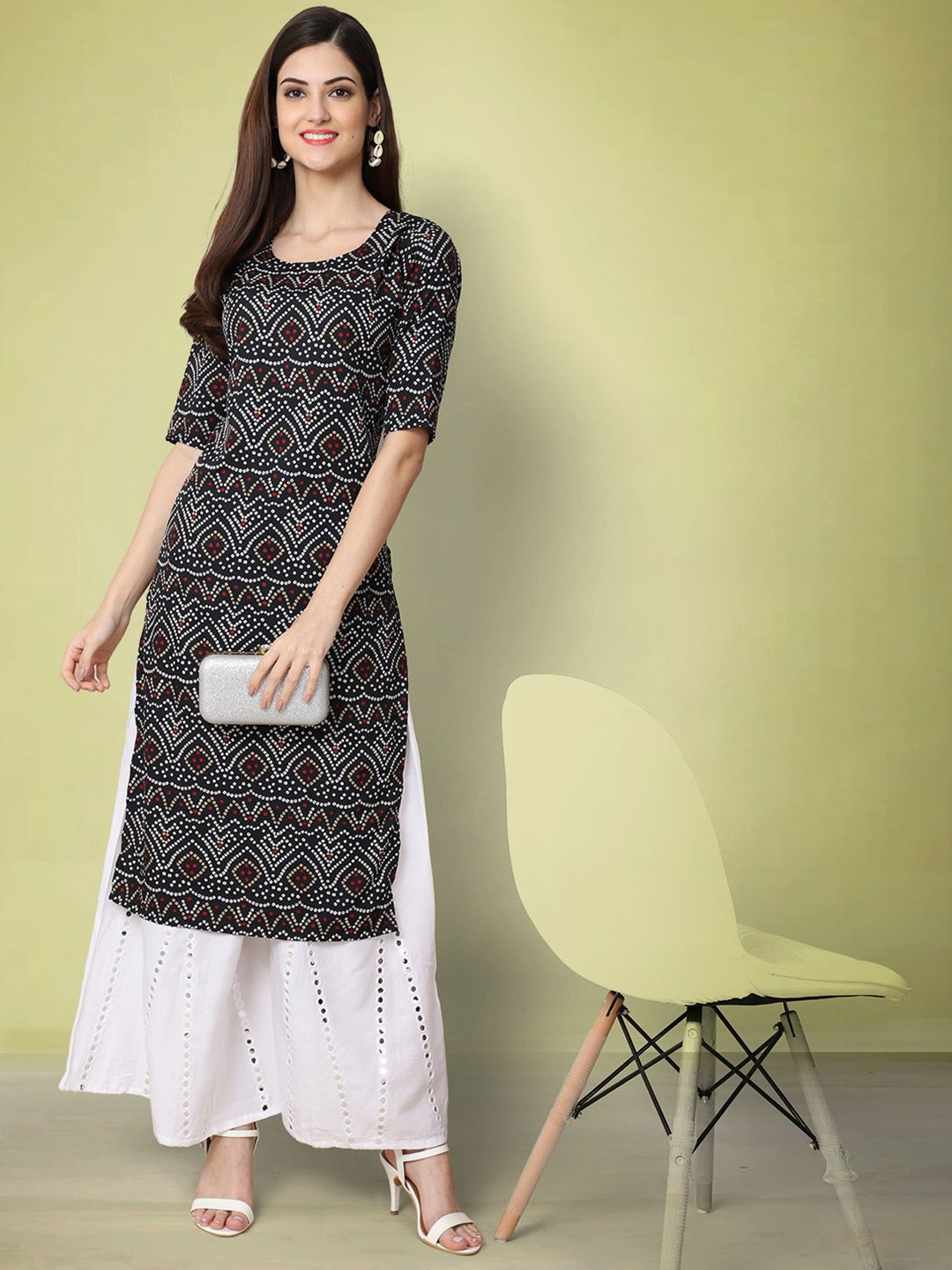 

Moda Rapido Bandhani Printed Round Neck Straight Kurta, Black