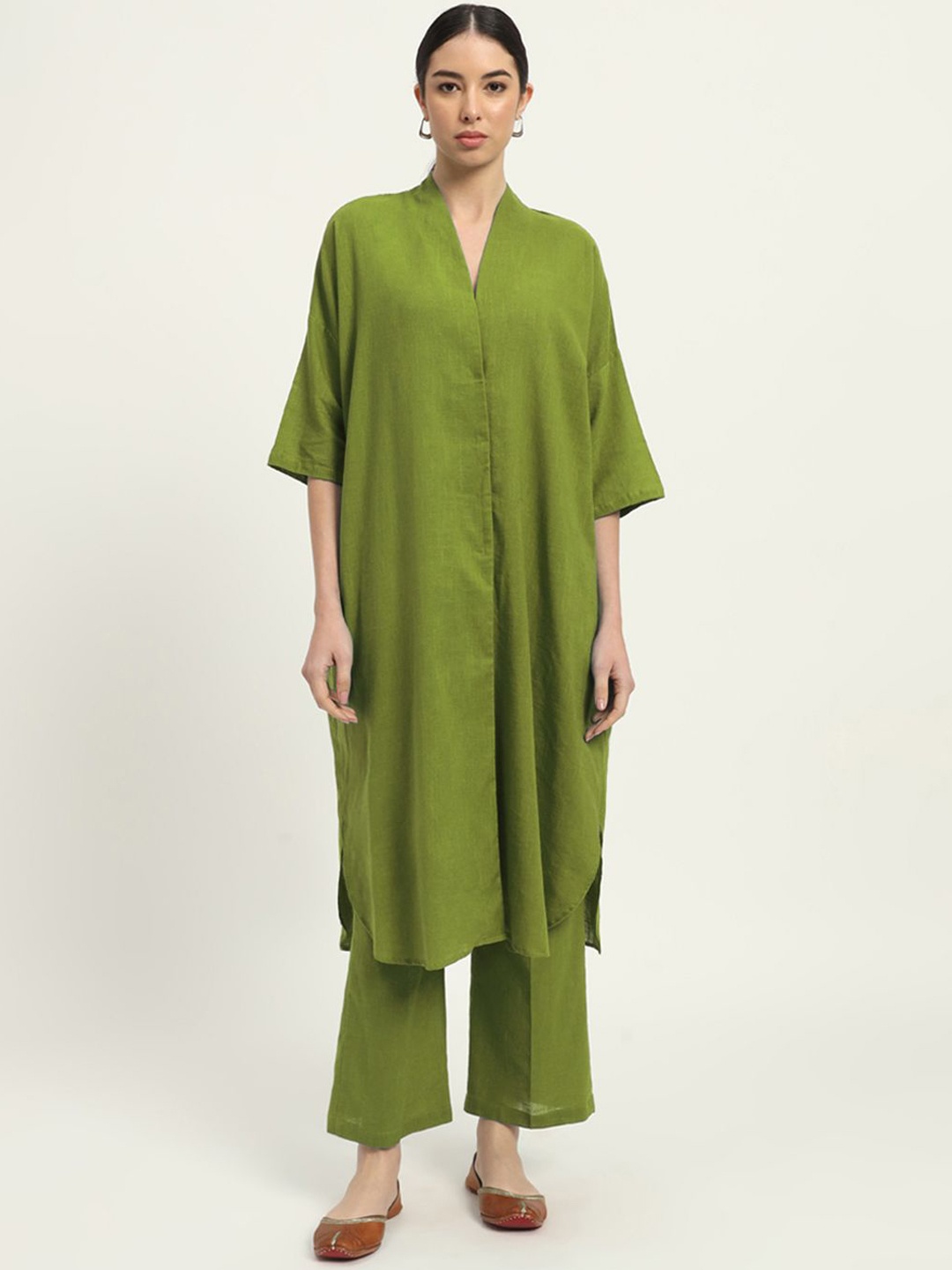 

Thevasa Cotton V-Neck Tunic With Trouser Co-Ords, Green