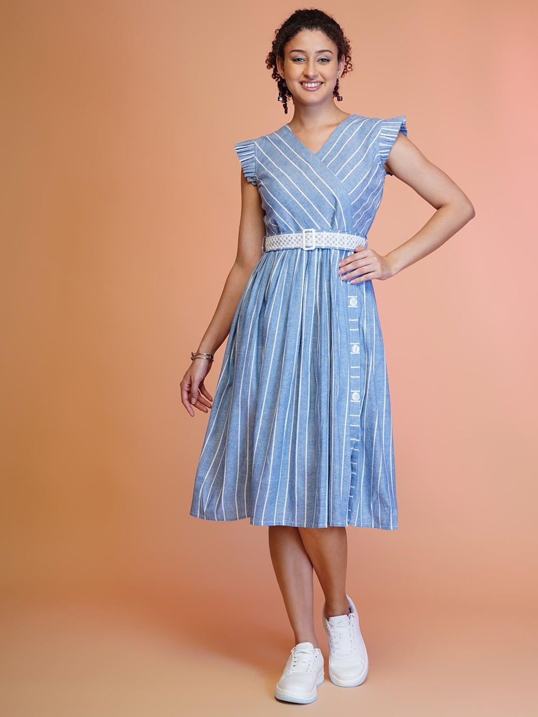 

YANAMORA Striped Flutter Sleeve Fit & Flare Dress, Blue