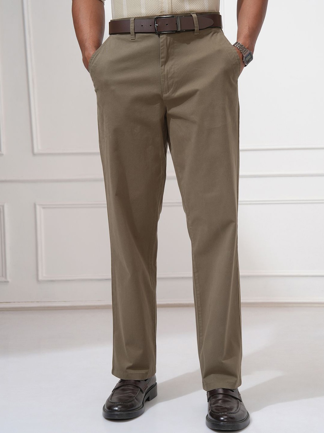 

LOCOMOTIVE Men Relaxed Fit Cotton Chinos Trousers, Khaki