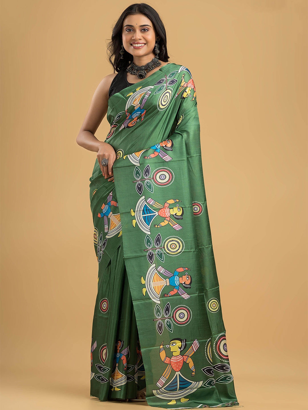 

Dheu Ethnic Motifs Block Print Saree, Green