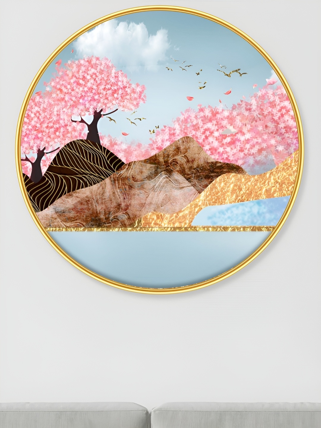 

SAF Premium Blue And Pink Golden Frame Floral and Botanical Printed Wall Art