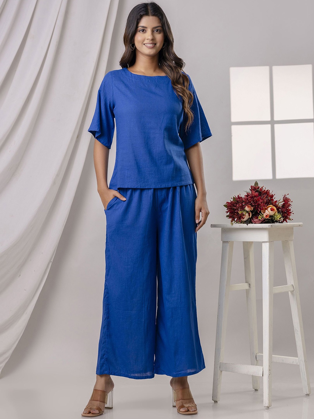 

POSHART FASHION AS UNIQUE AS YOU ARE Round Neck Top & Trousers Co-Ords Set, Blue