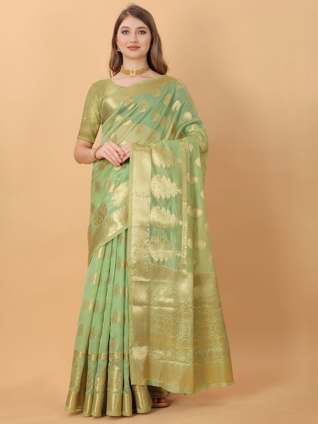 

DHRUTI CREATION Woven Design Zari Organza Saree, Green