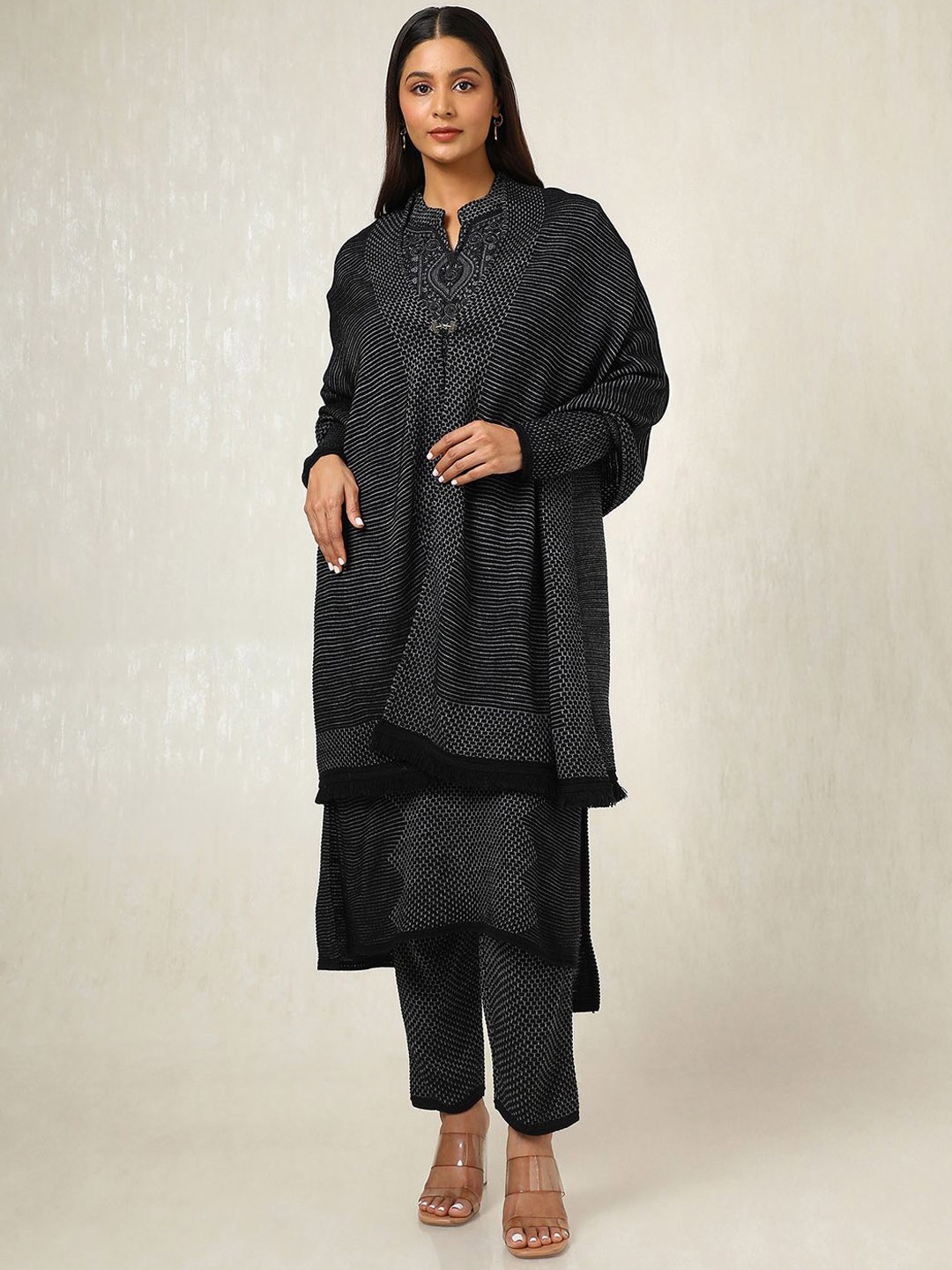 

Soch Women Regular Thread Work Kurta with Trousers & With Dupatta, Black