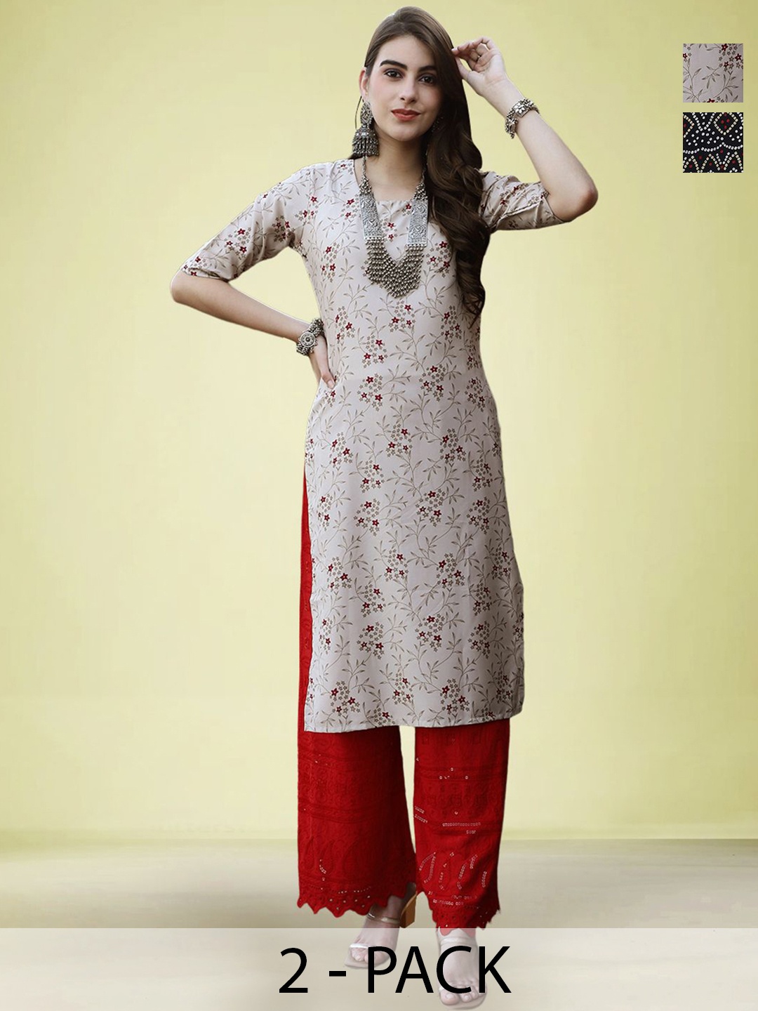 

Moda Rapido Selection Of 2 Floral Printed Round Neck Straight Kurtas, White