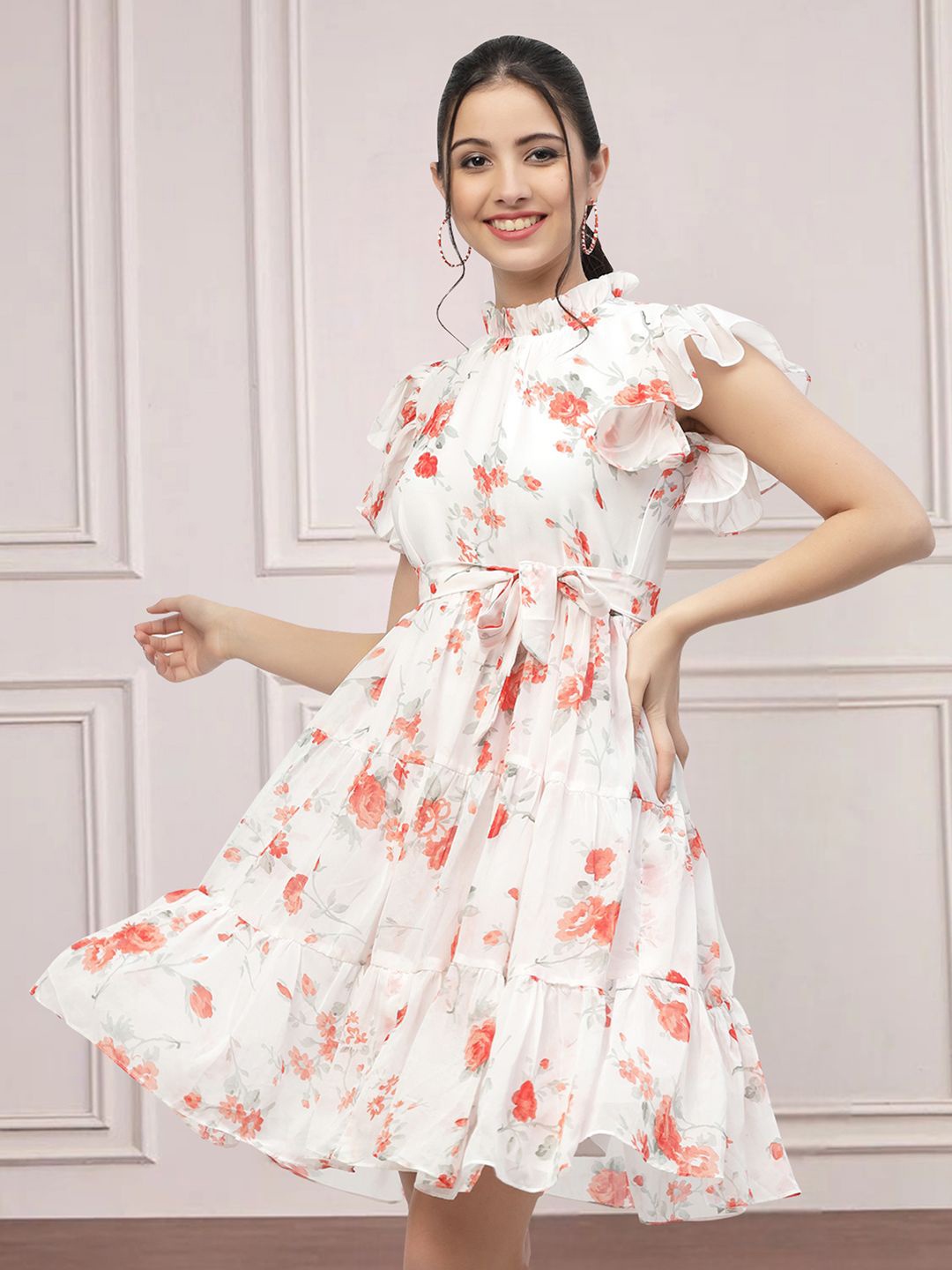 

MISS AYSE Floral Print Applique Fit & Flare Dress, Orange