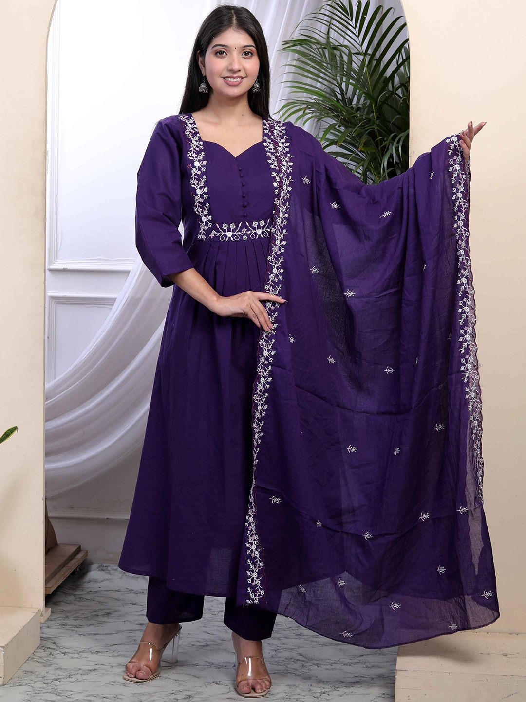 

Doriyaan Women Floral Embroidered Regular Pure Cotton Kurta with Palazzos & With Dupatta, Purple
