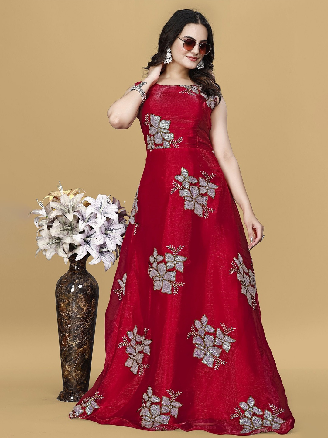 

Aika Women Floral Embroidered Fit & Flare Maxi Dress, Red