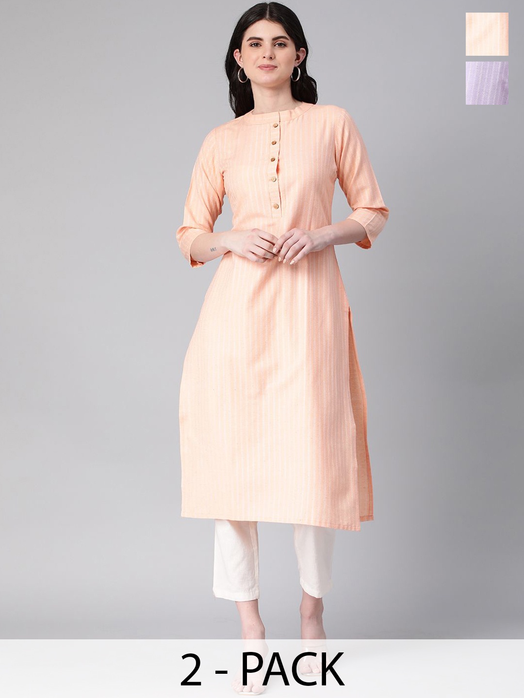 

KALINI Selection Of 2 Striped Round Neck Straight Kurtas, Peach