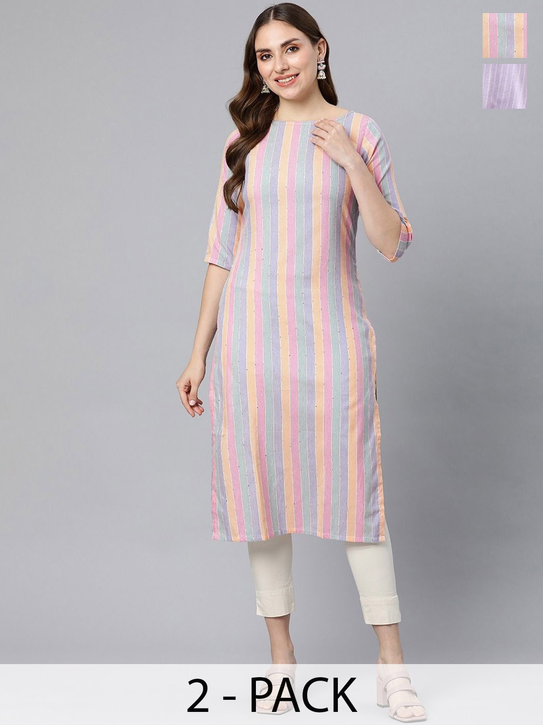 

KALINI Selection Of 2 Striped Round Neck Straight Kurtas, Pink