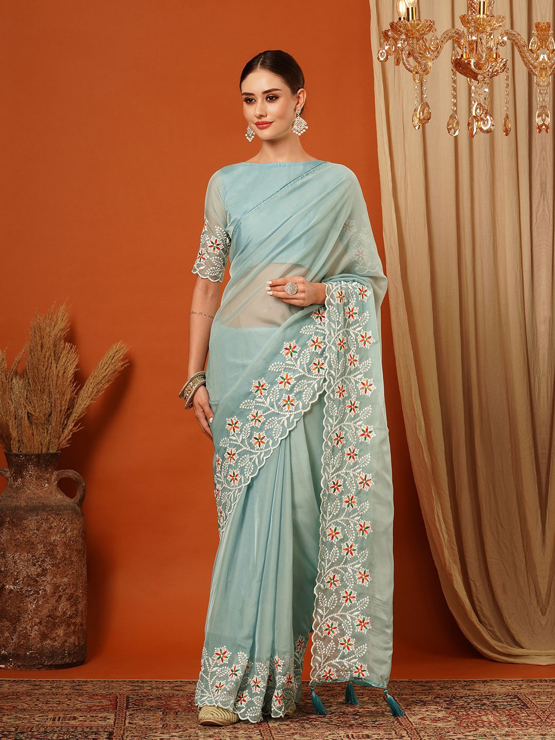 

VILLAGIUS Embroidered Pure Silk Banarasi Saree, Turquoise blue