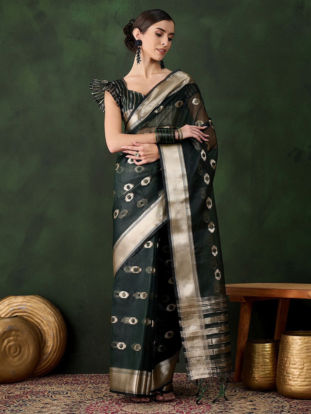 

Mitera Woven Design Zari Organza Kanjeevaram Saree, Green