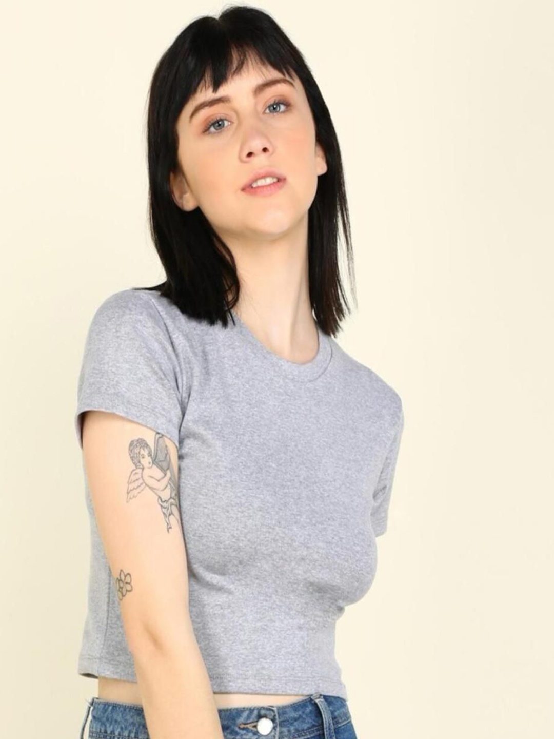 

DEEPMAYRA COLLECTION Women Round Neck Cotton Fitted Crop Top, Grey