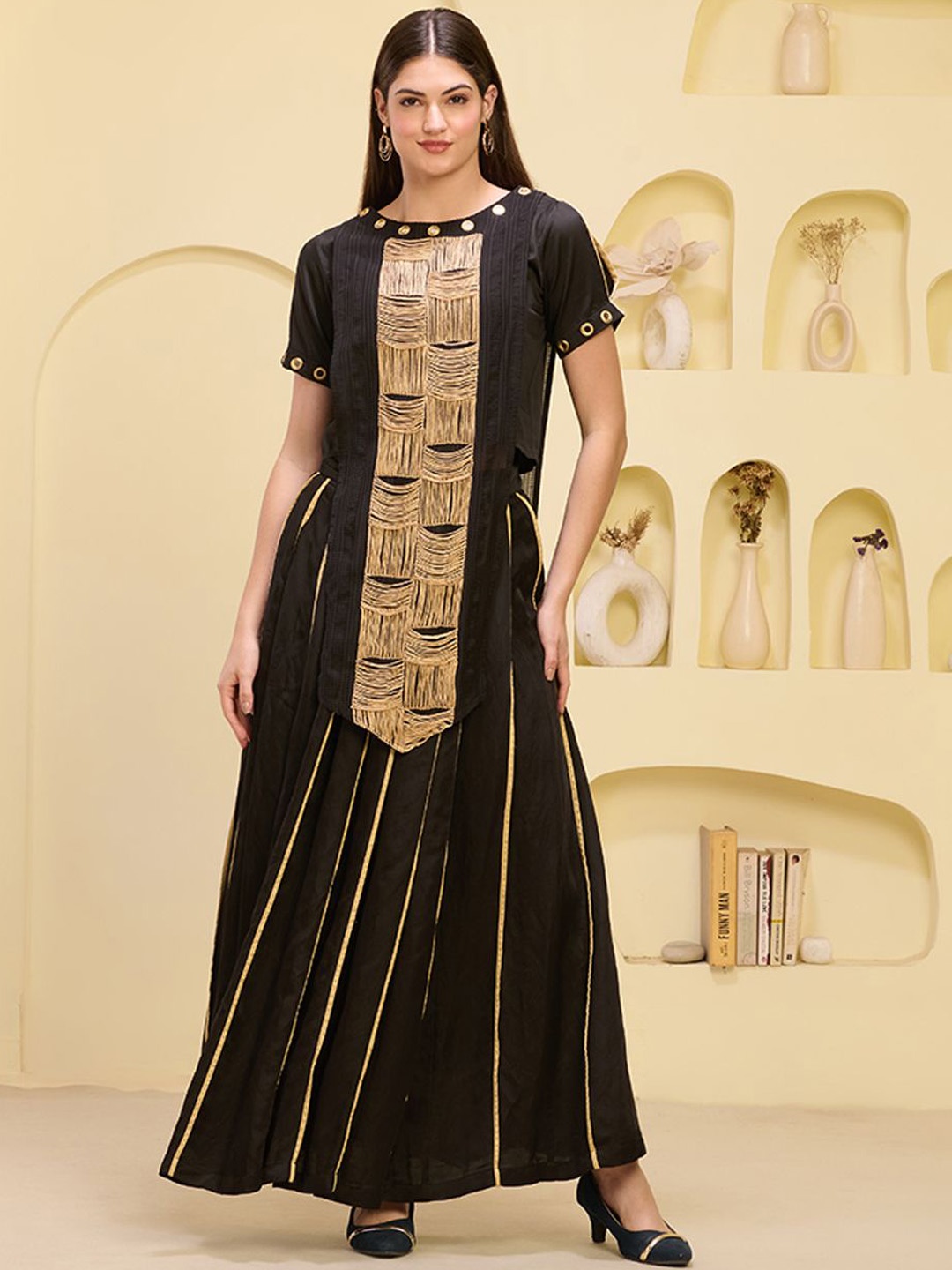 

First Resort by Ramola Bachchan Hand Embroidered Boat Neck Asymmetric Top With Skirt, Black