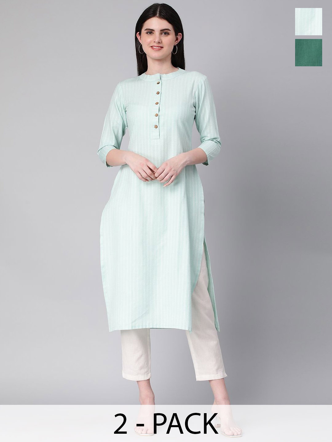 

KALINI Selection Of 2 Striped Mandarin Collar Cotton Straight Kurtas, Green