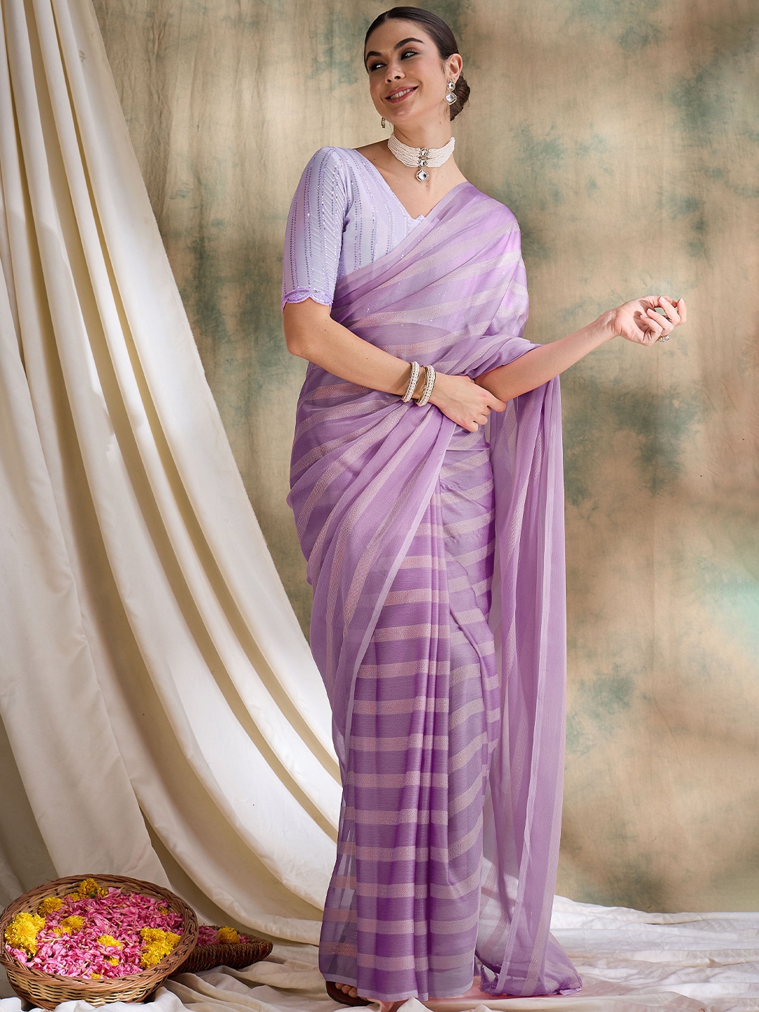 

MANVAA Striped Silk Blend Banarasi Saree, Lavender
