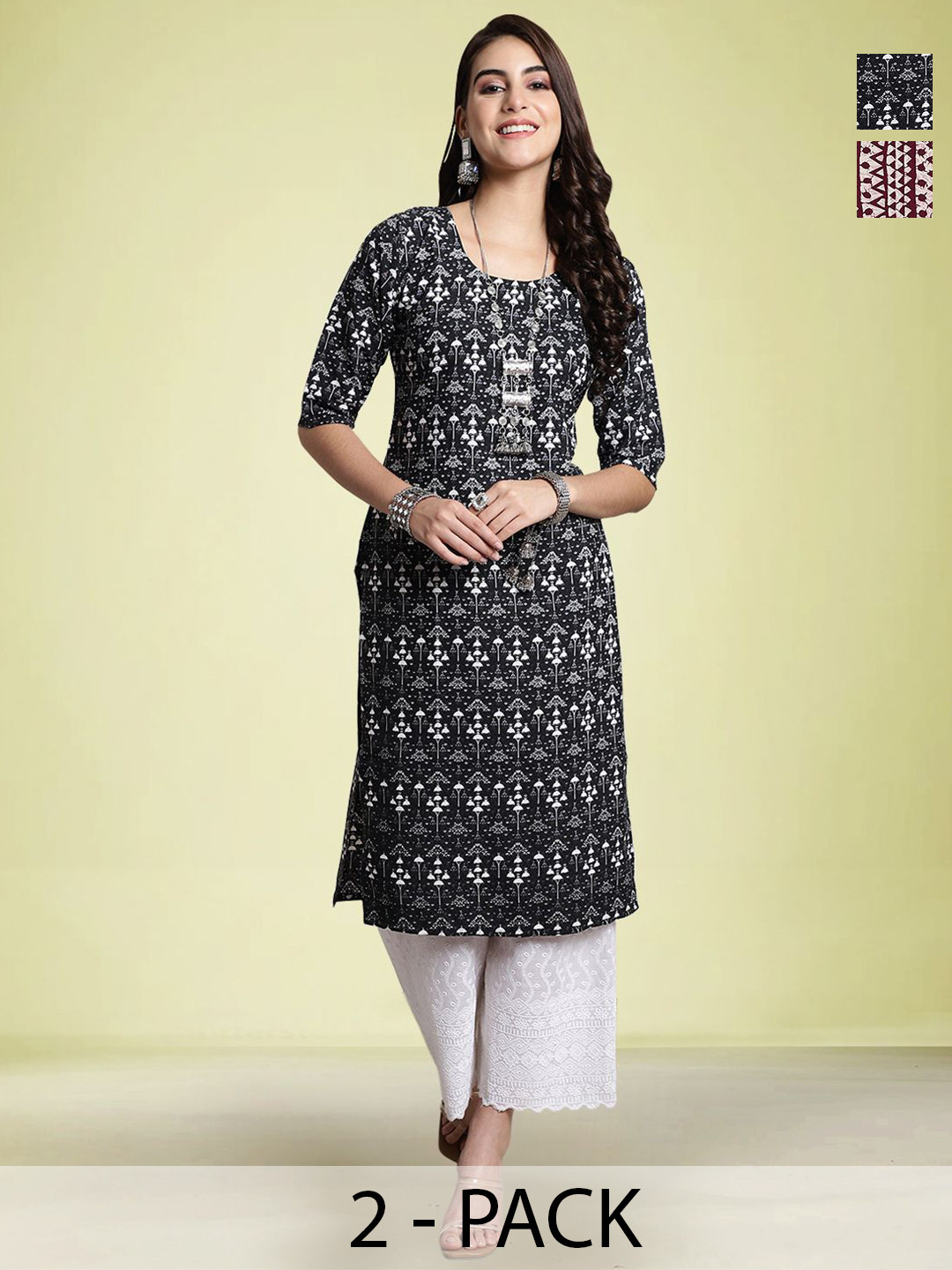 

Moda Rapido Pack Of 2 Printed Straight Kurtas, Black