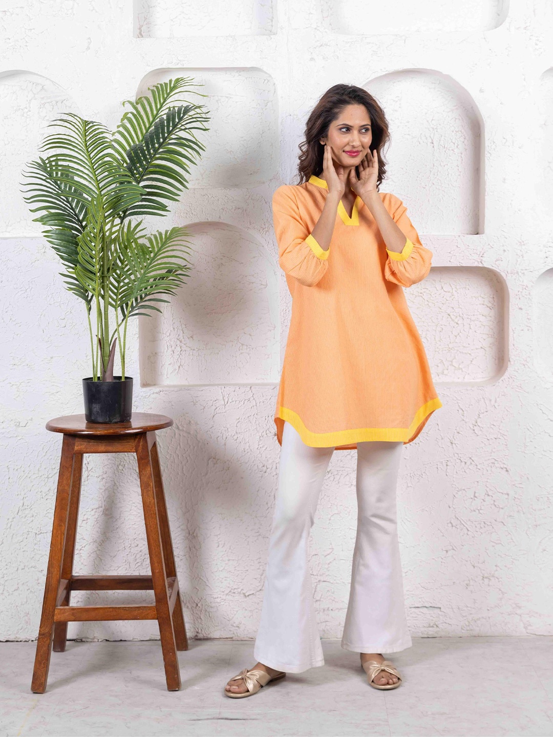 

INAAYA JAIPUR Women Mandarin Collar Striped Cotton Tunic, Orange