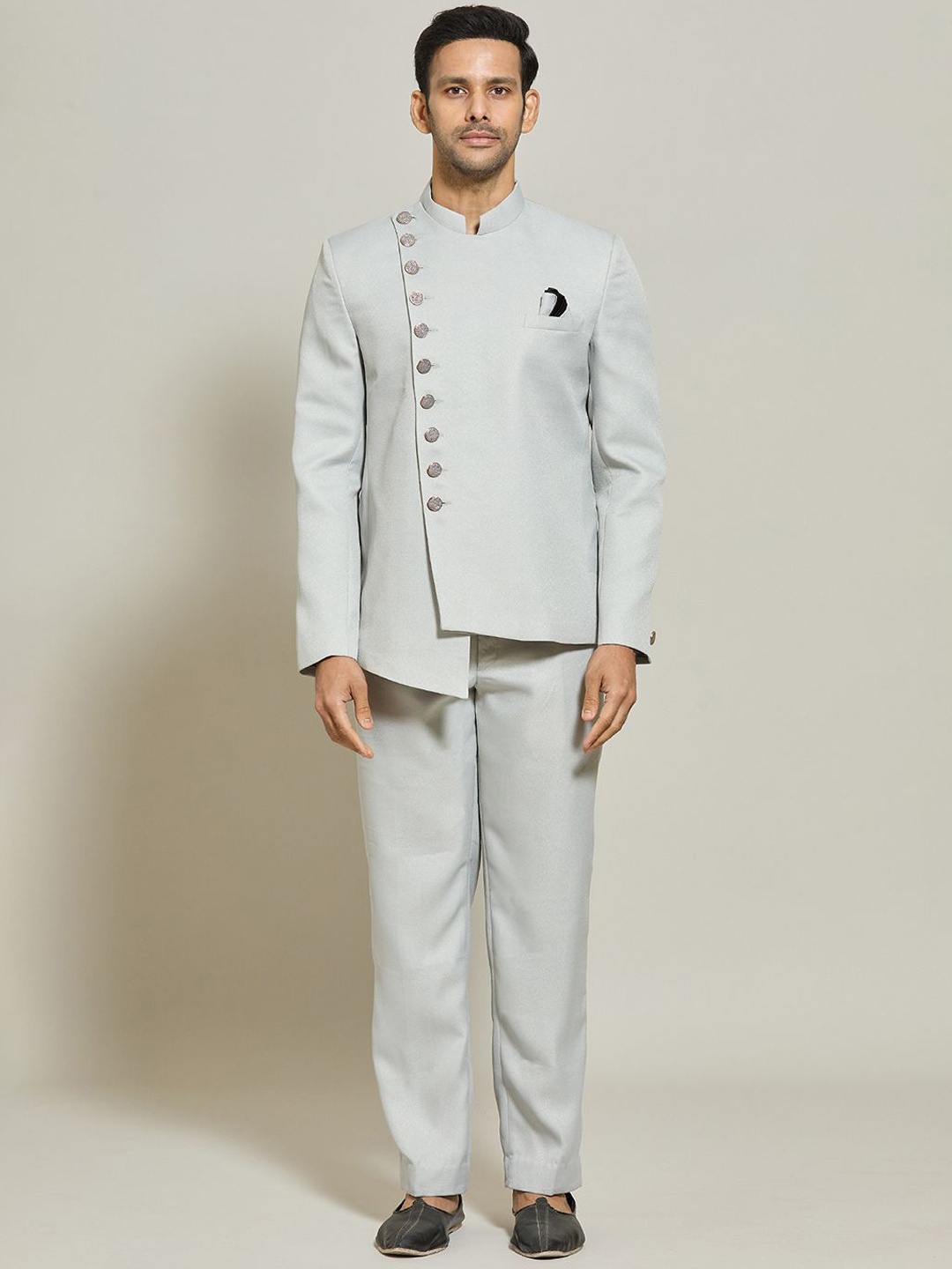 

Aryavir Malhotra Men Asymmetric Button Down Bandhgala And Trousers, Grey