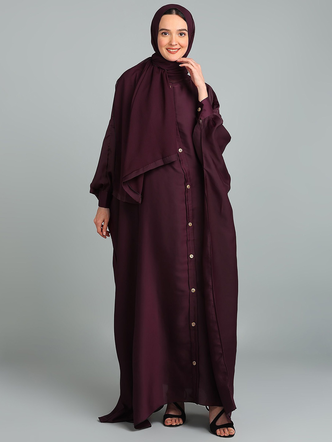 

BROKE BRAND Women Round Neck Button Down Kaftan Abaya Burqa, Maroon