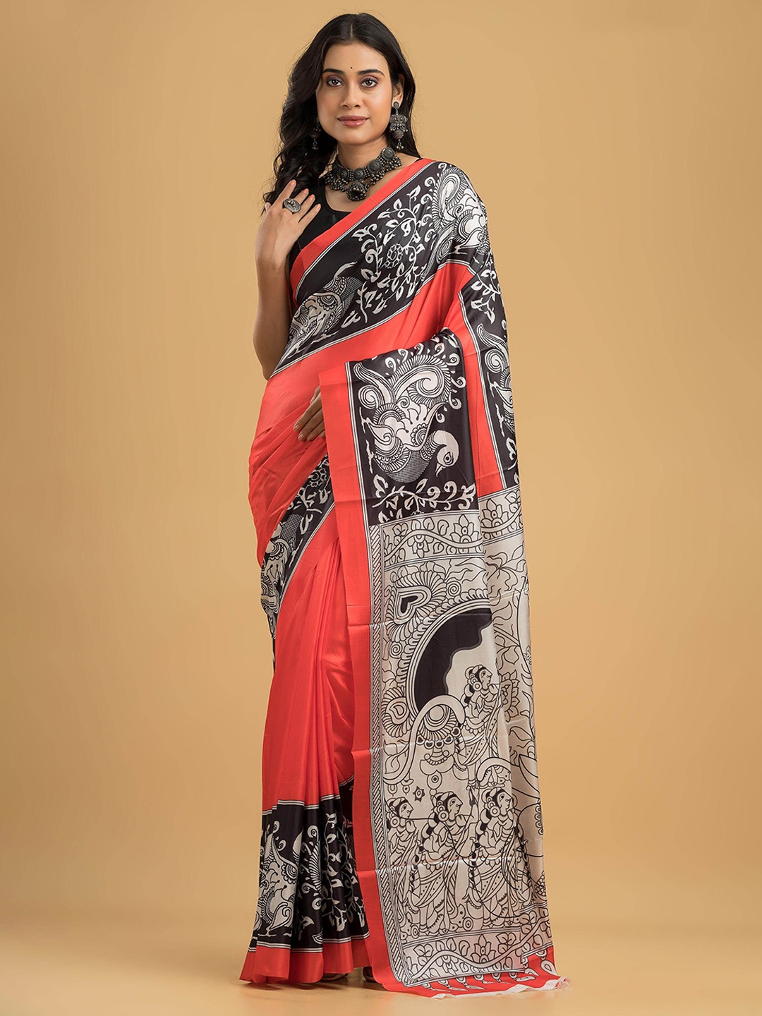 

Dheu Ethnic Motifs Printed Block Print Saree, Red