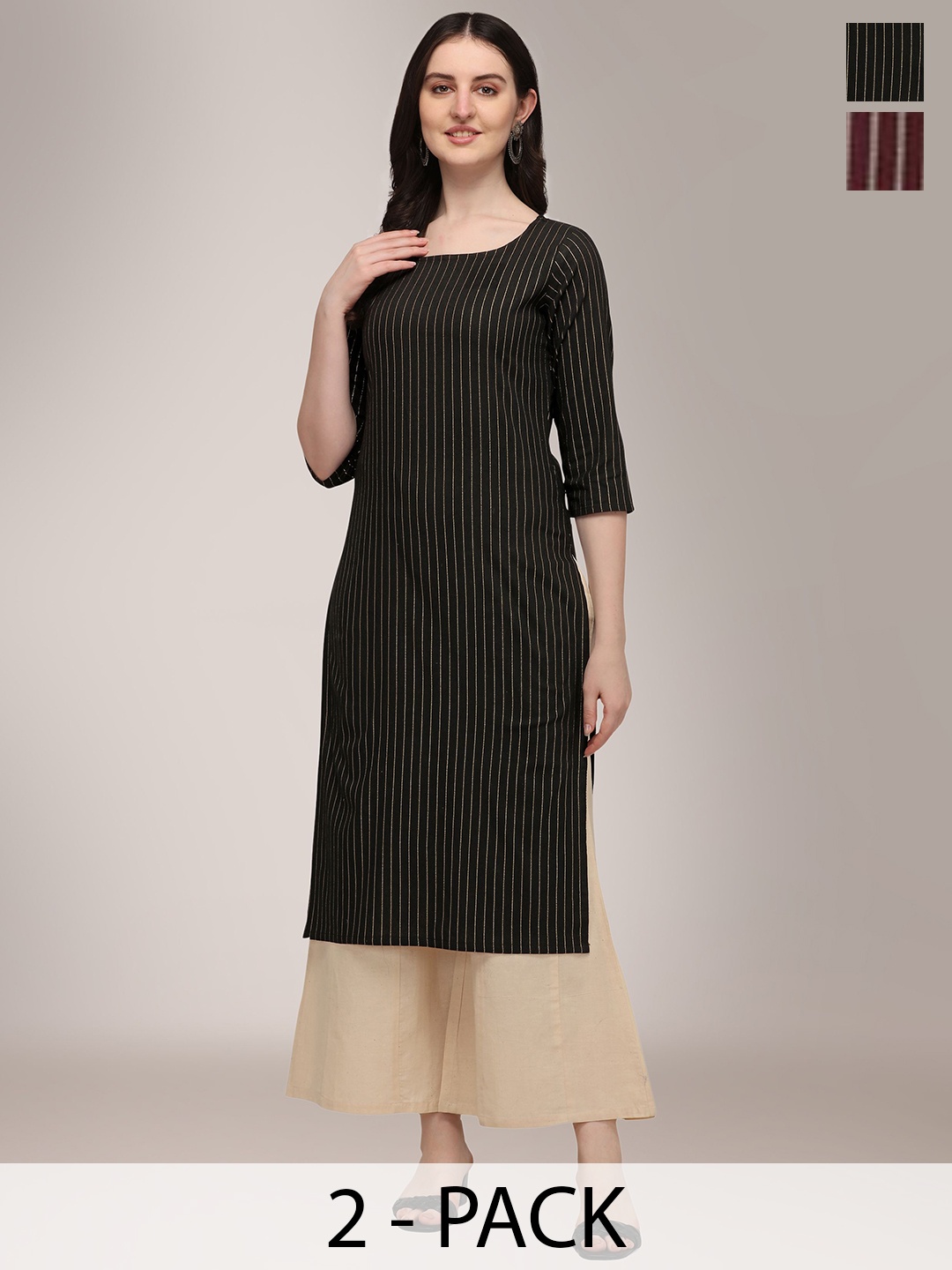 

KALINI Selection Of 2 Striped Round Neck Straight Kurtas, Black
