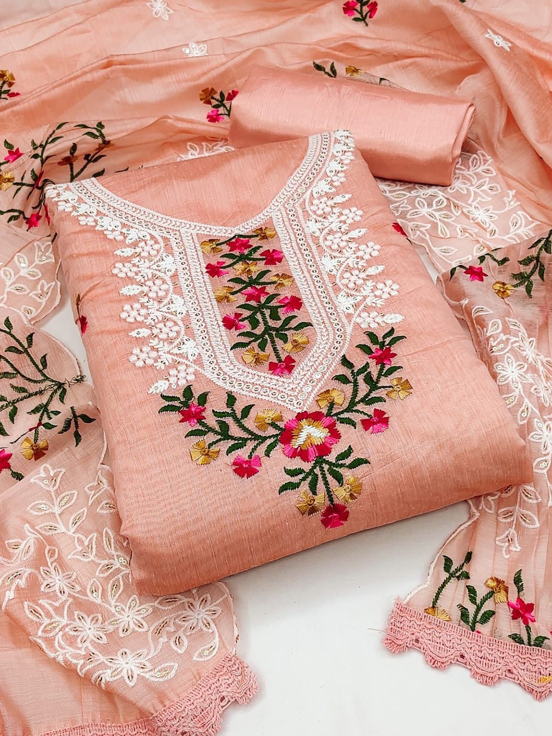

HMP Fashion Floral Embroidered Jacquard Chanderi Unstitched Dress Material, Peach